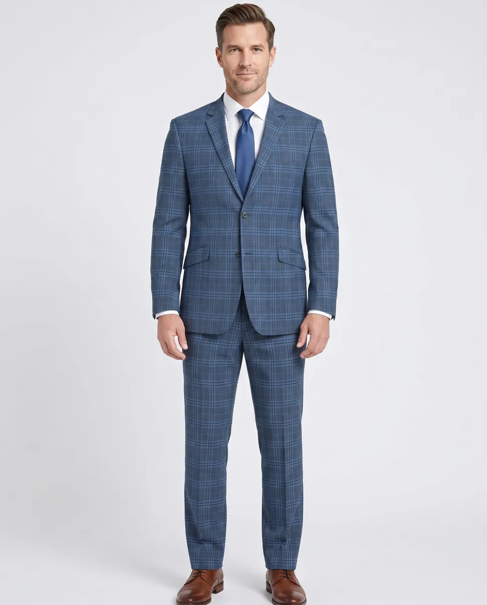 Raphael Blue Windowpane Slim Fit Notch Lapel Stretch Two Button Suit