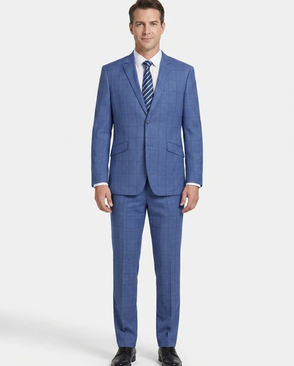 Raphael Light Blue Windowpane Check Slim Fit Stretch Notch Lapel Two Button Suit