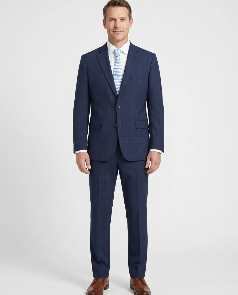 Raphael Marine Blue Windowpane Check Classic Fit Two Button Suit