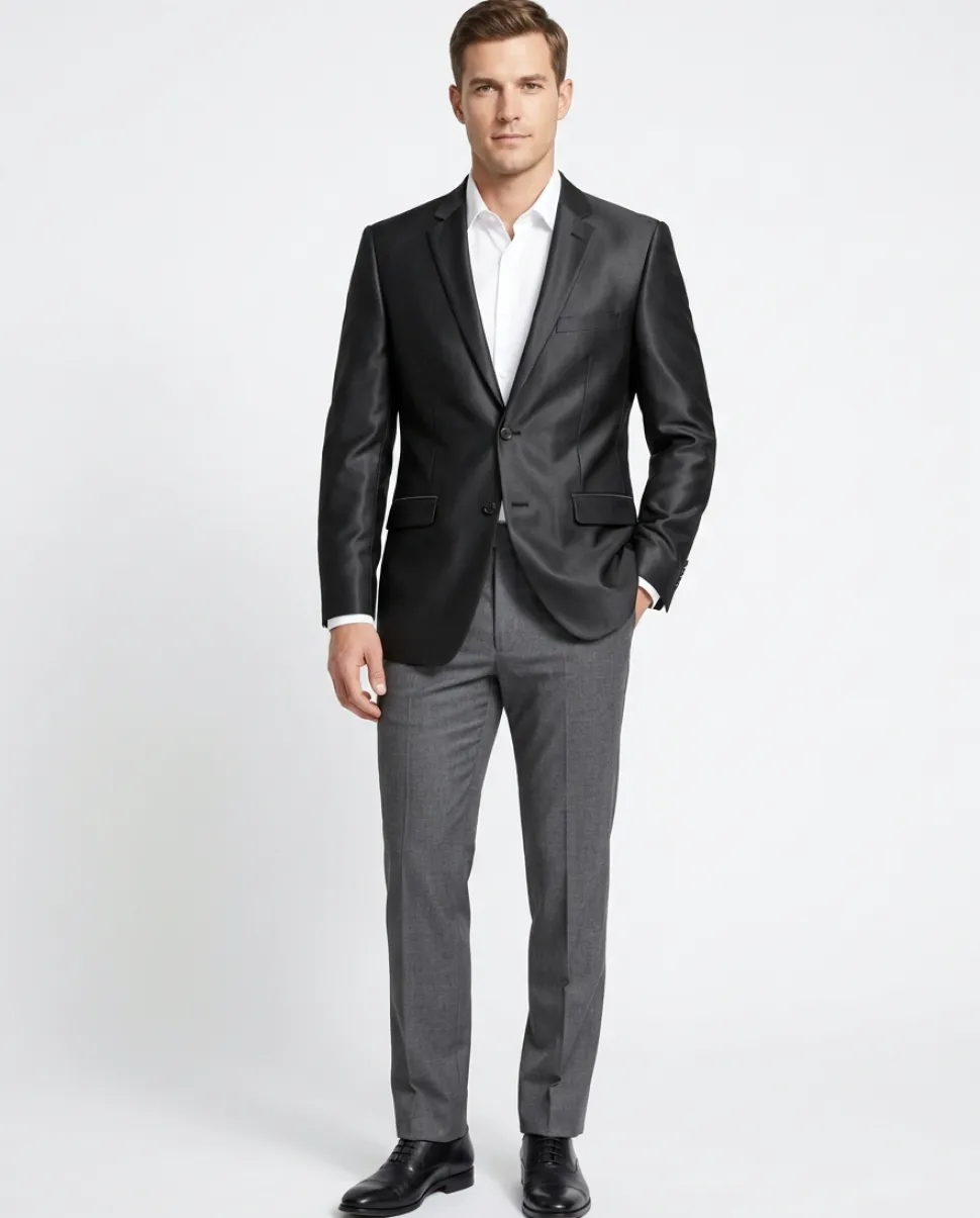 Raphael Men’s Black Sharkskin Classic Fit Notch Lapels Two Button Blazer