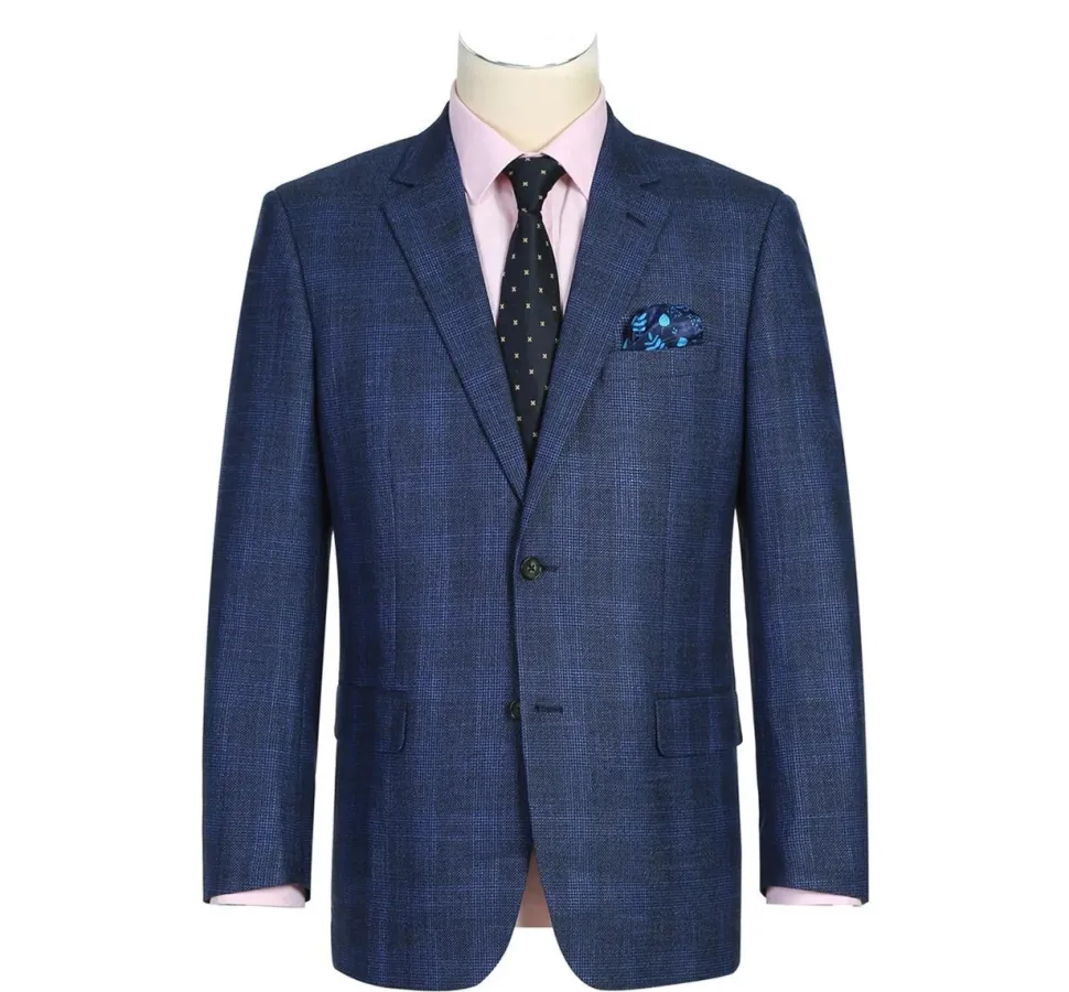 Raphael Mens Blue Plaid Classic Fit Stretch 2 Button Blazer Sportcoat