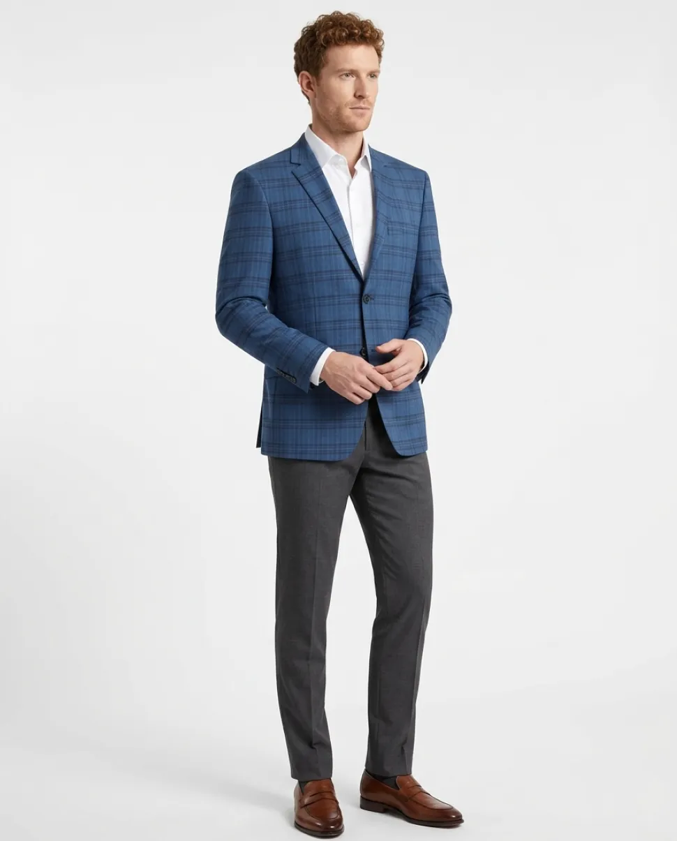 Raphael Mens Blue Plaid Slim Fit 2 Button Stretch Blazer Sportcoat
