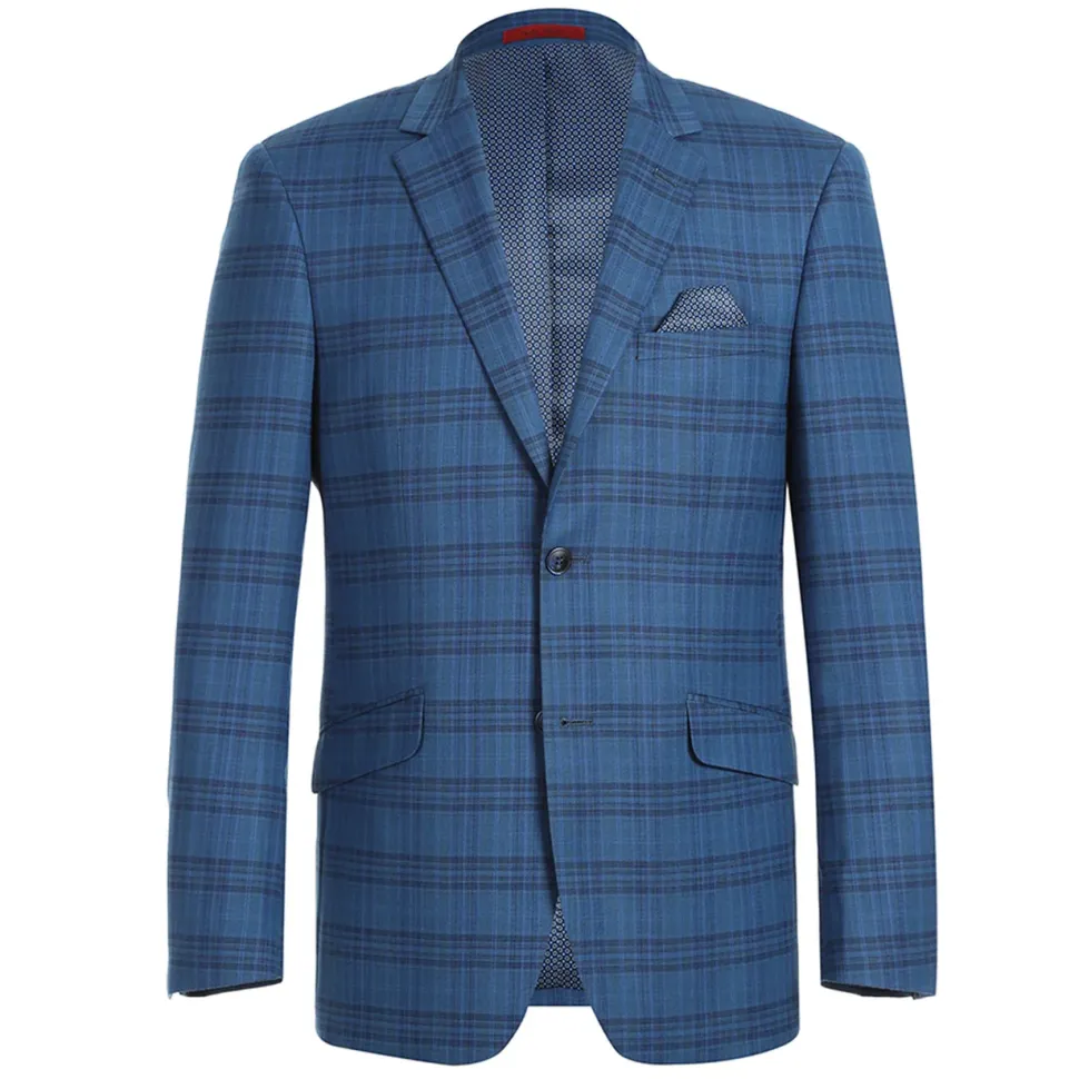 Raphael Mens Blue Plaid Slim Fit 2 Button Stretch Blazer Sportcoat