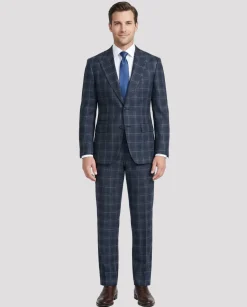 Raphael Mens Blue Windowpane Plaid Peak Lapel Slim Fit Stretch Wool Blend Suit