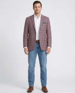 Raphael Mens Burgundy Plaid Classic Fit 2 Button Stretch Blazer Sportcoat