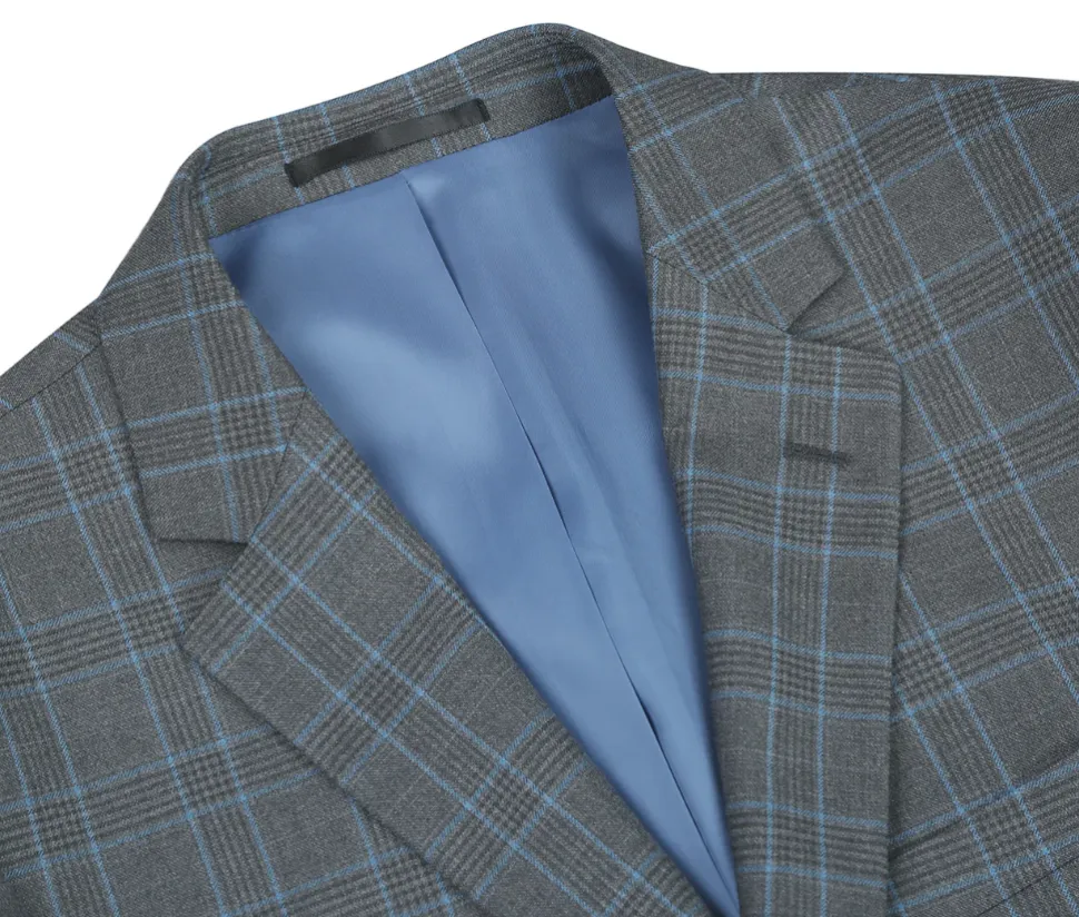 Raphael Men’s Charcoal Blue Windowpane Classic Fit Notch Lapel Two-Button Suit