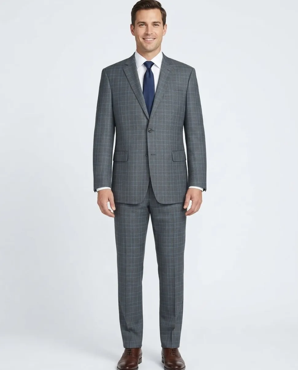 Raphael Men’s Charcoal Blue Windowpane Classic Fit Notch Lapel Two-Button Suit