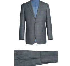 Raphael Men’s Charcoal Blue Windowpane Classic Fit Notch Lapel Two-Button Suit
