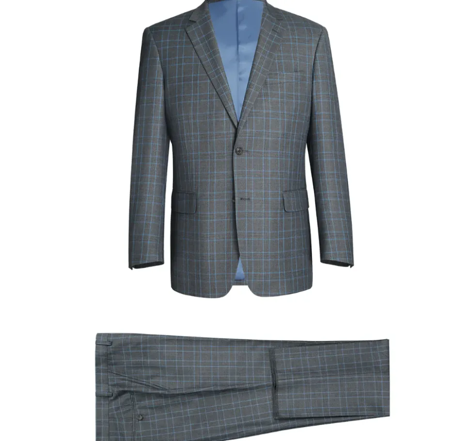 Raphael Men’s Charcoal Blue Windowpane Classic Fit Notch Lapel Two-Button Suit