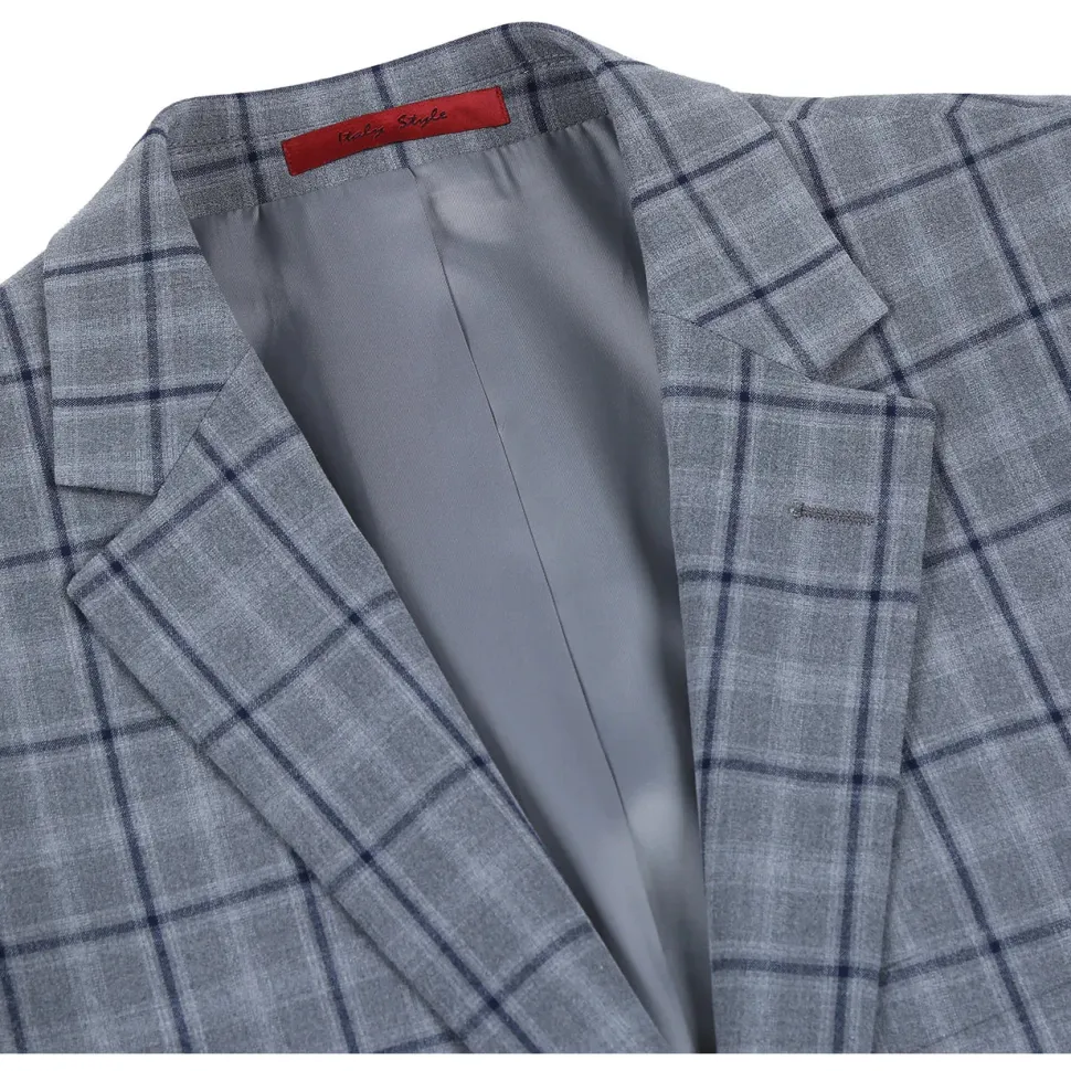 Raphael Mens Gray & Blue Windowpane Slim Fit Notch Lapel 2 Button Stretch Suit