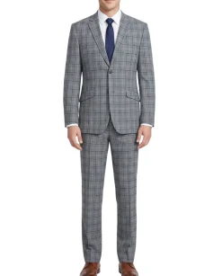 Raphael Mens Gray & Blue Windowpane Slim Fit Notch Lapel 2 Button Stretch Suit