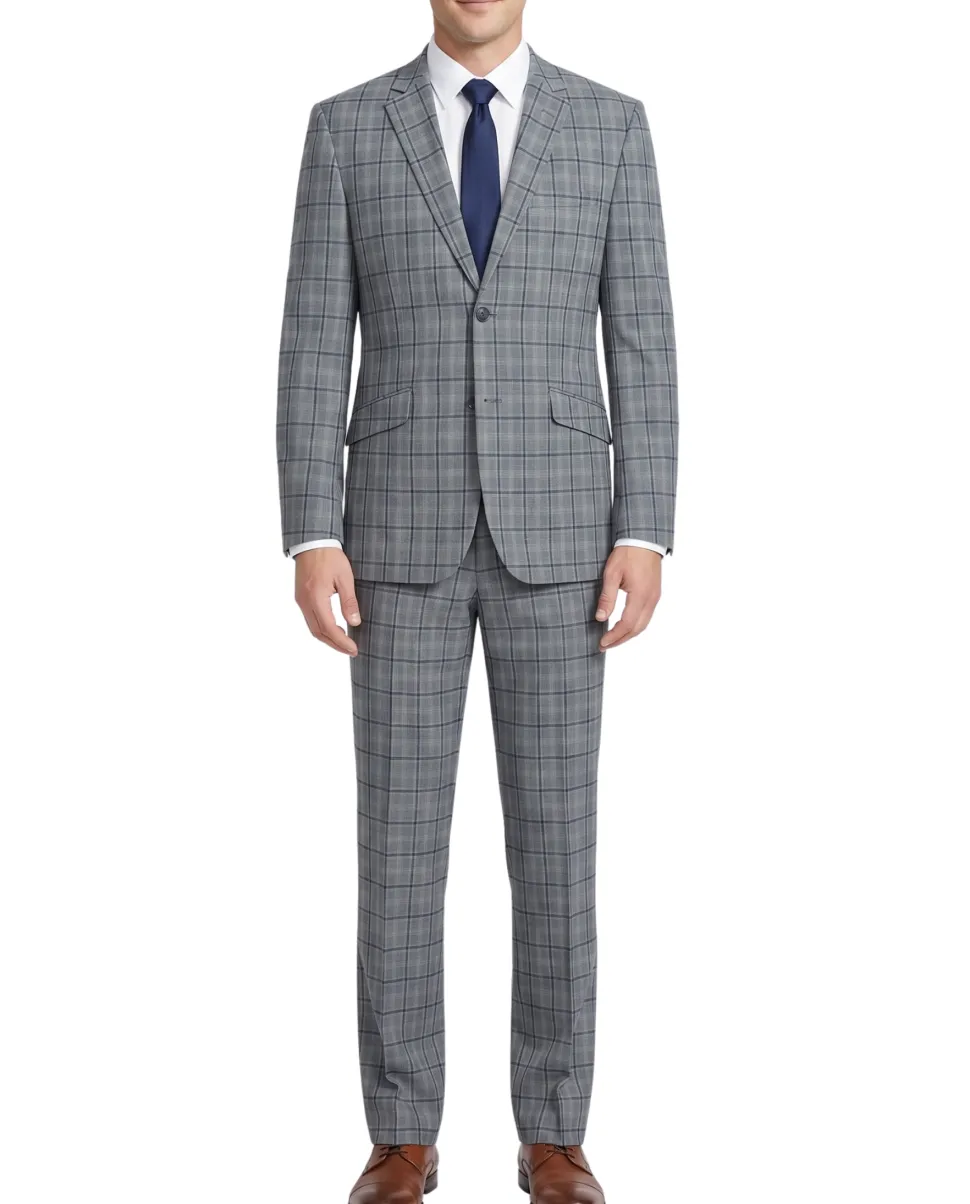 Raphael Mens Gray & Blue Windowpane Slim Fit Notch Lapel 2 Button Stretch Suit