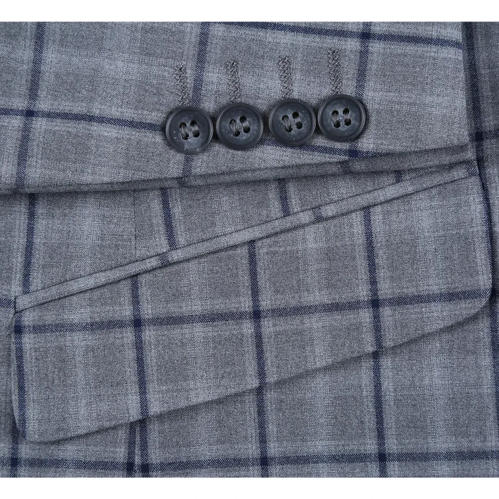 Raphael Mens Gray & Blue Windowpane Slim Fit Notch Lapel 2 Button Stretch Suit