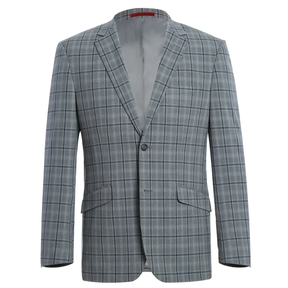 Raphael Mens Gray & Blue Windowpane Slim Fit Notch Lapel 2 Button Stretch Suit