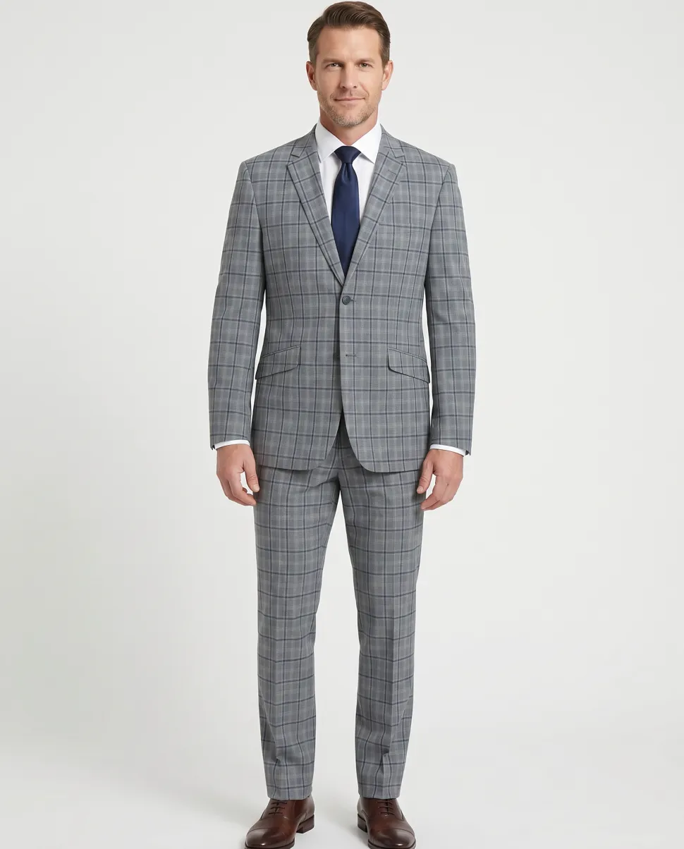 Raphael Mens Gray & Blue Windowpane Slim Fit Notch Lapel 2 Button Stretch Suit