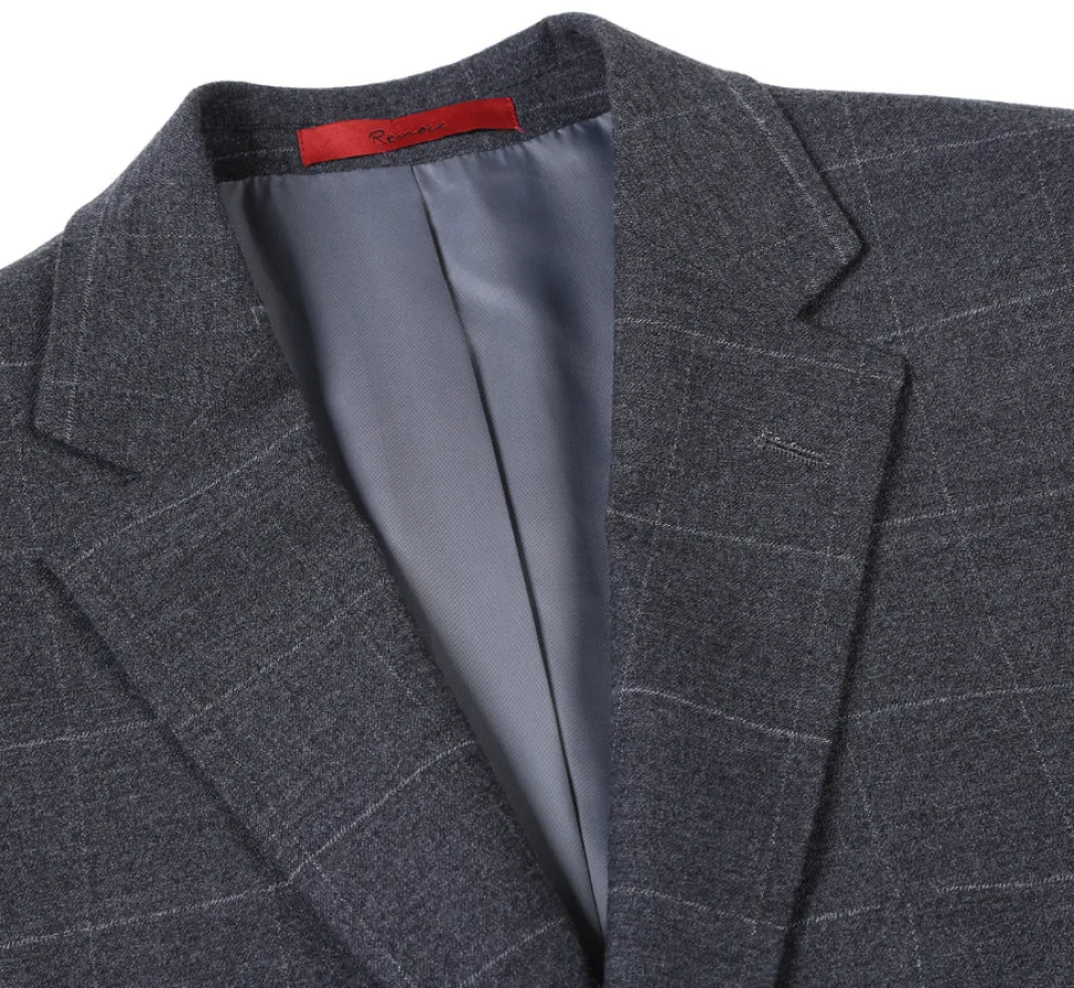 Raphael Mens Gray Windowpane Slim Fit Notch Lapels 2 Buttons Stretch Suit