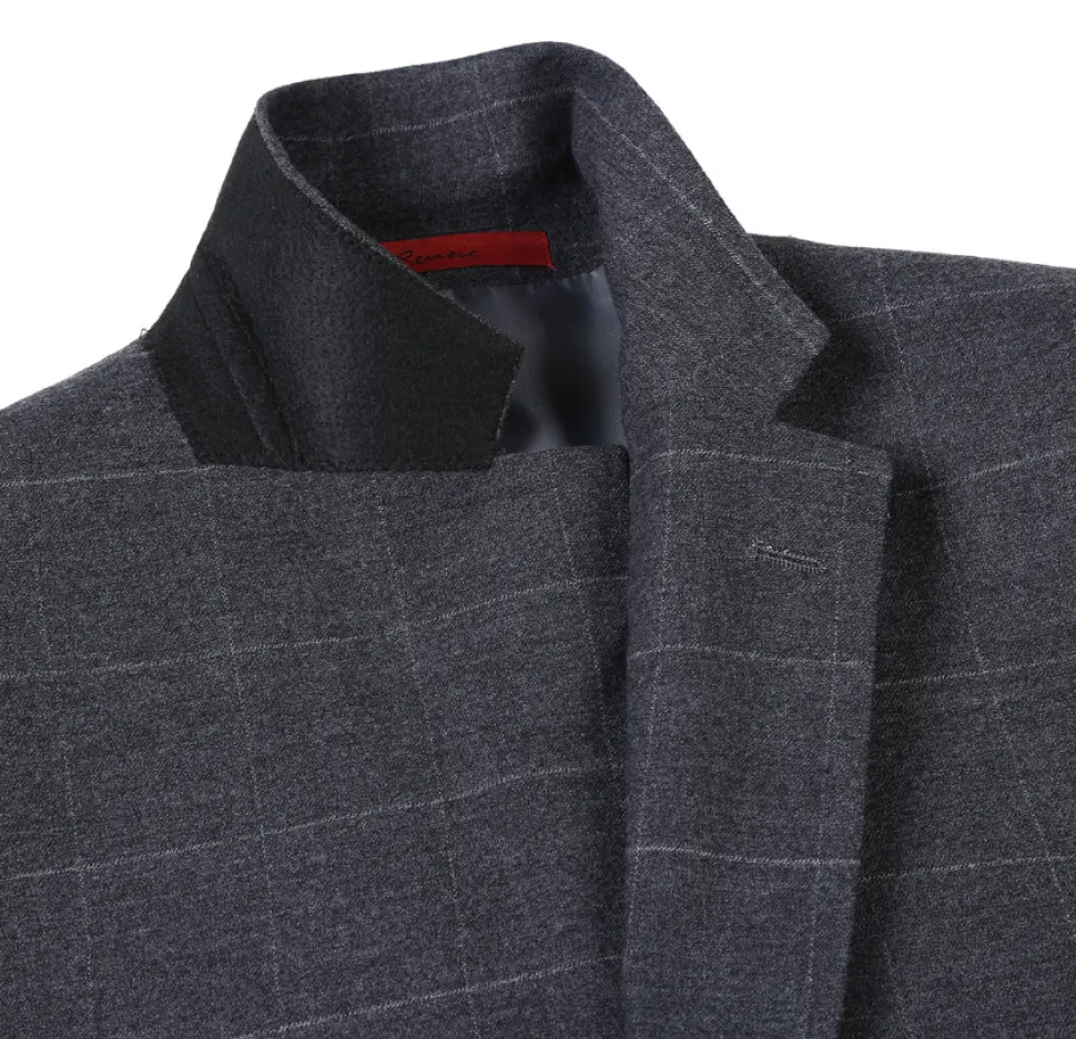 Raphael Mens Gray Windowpane Slim Fit Notch Lapels 2 Buttons Stretch Suit