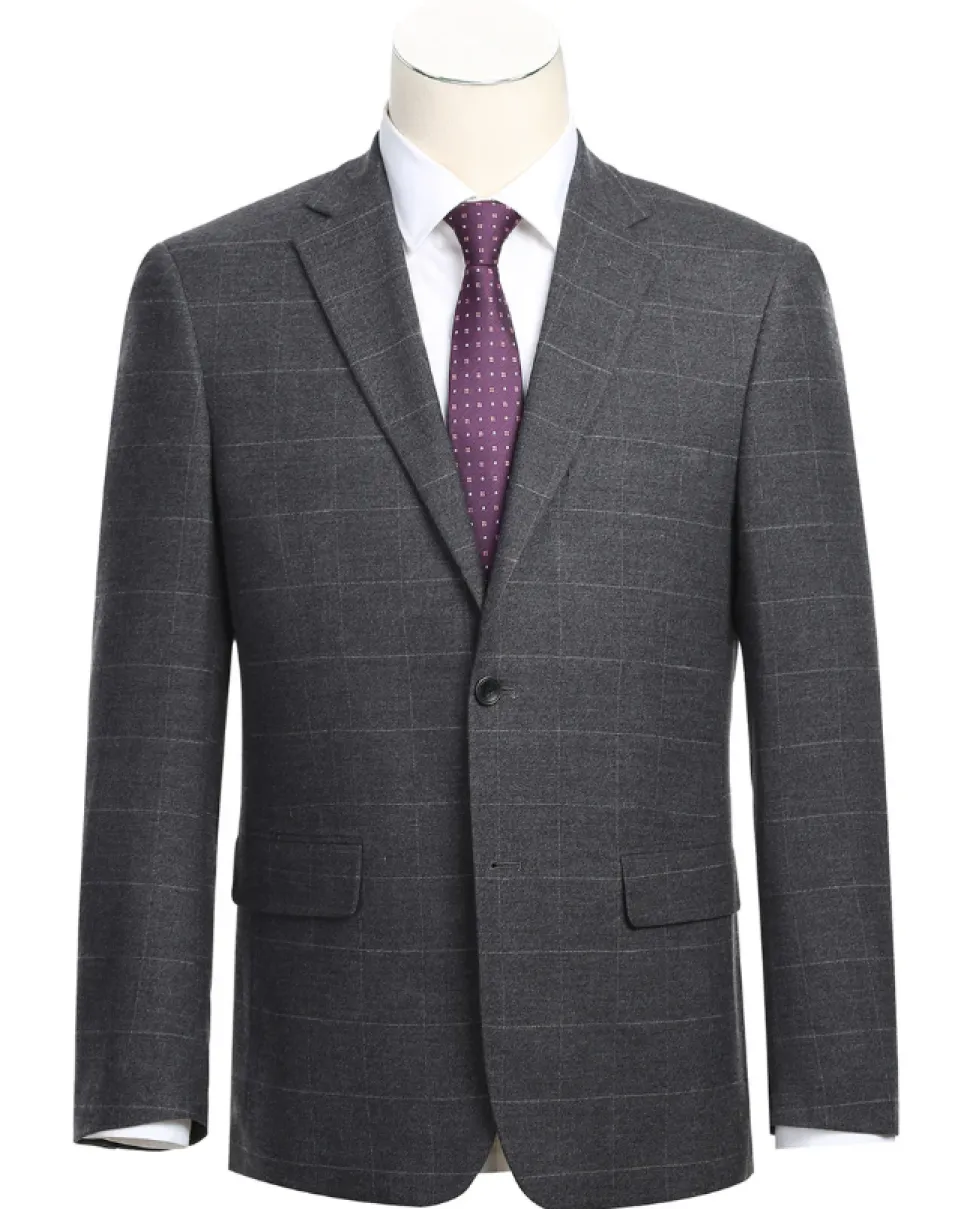 Raphael Mens Gray Windowpane Slim Fit Notch Lapels 2 Buttons Stretch Suit