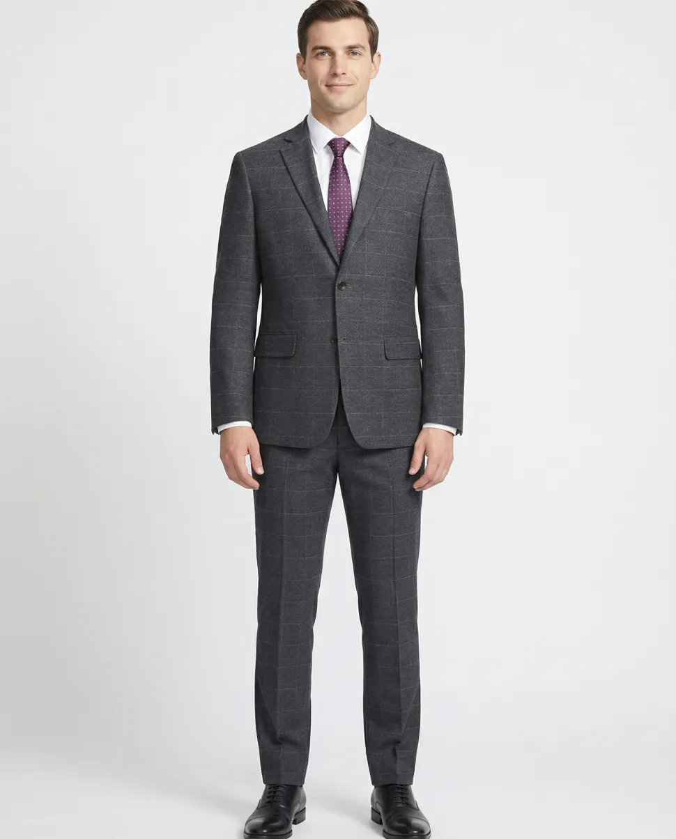 Raphael Mens Gray Windowpane Slim Fit Notch Lapels 2 Buttons Stretch Suit