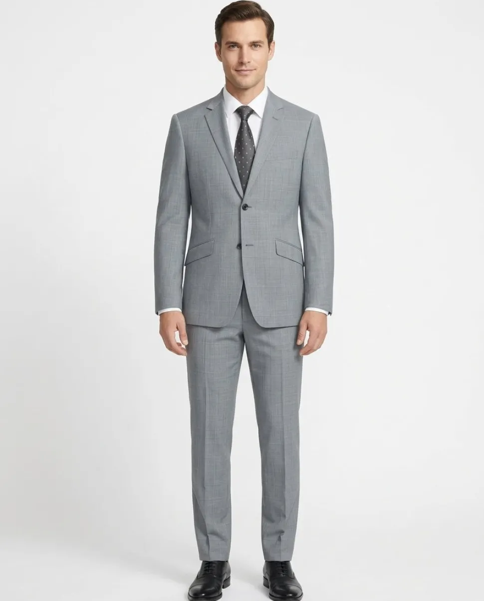 Raphael Mens Light Gray Check Slim Fit Wool Blend Stretch 2 Piece Suit