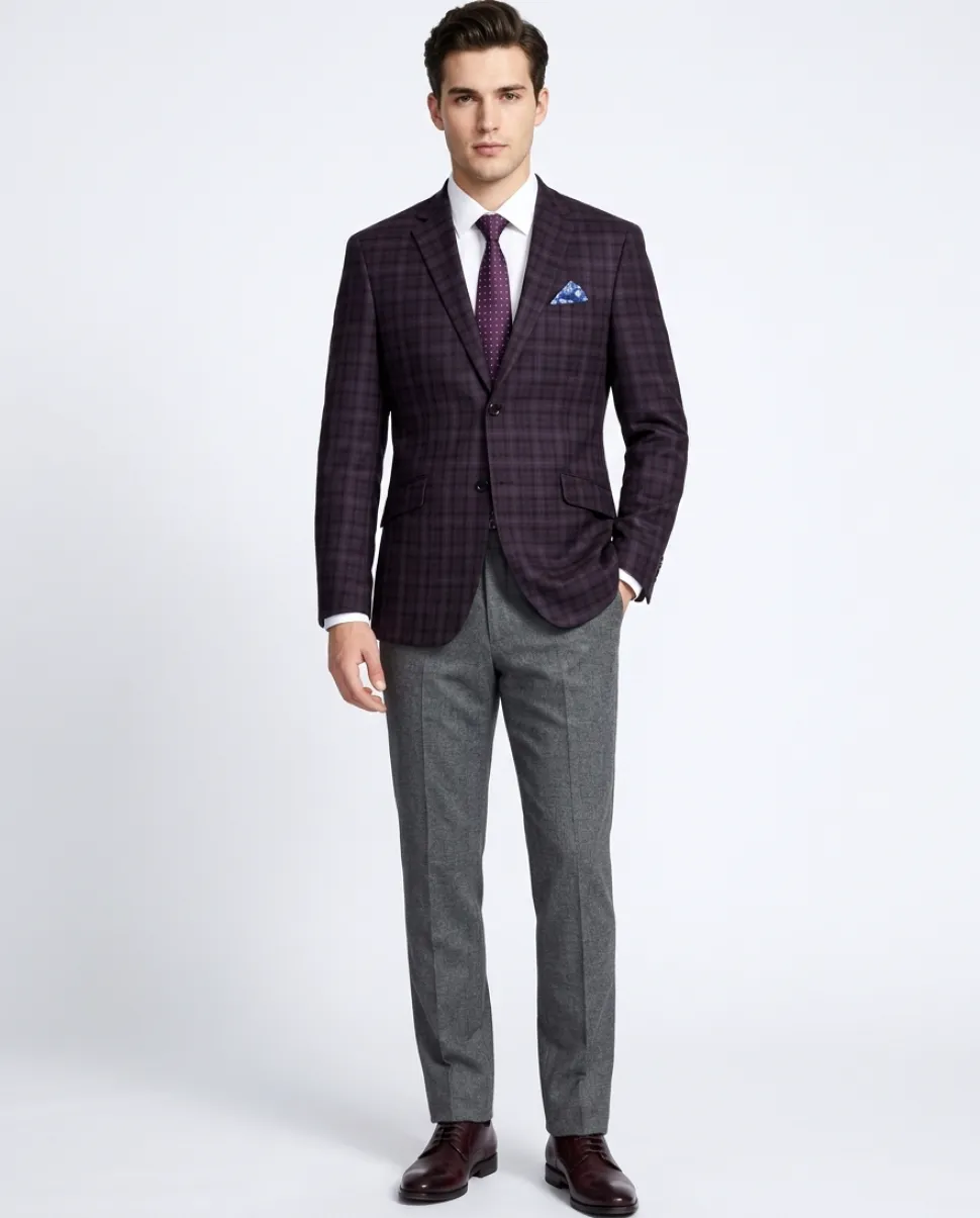 Raphael Men's Mulberry Purple Plaid Wool Blend Slim Fit Blazer Sportcoat