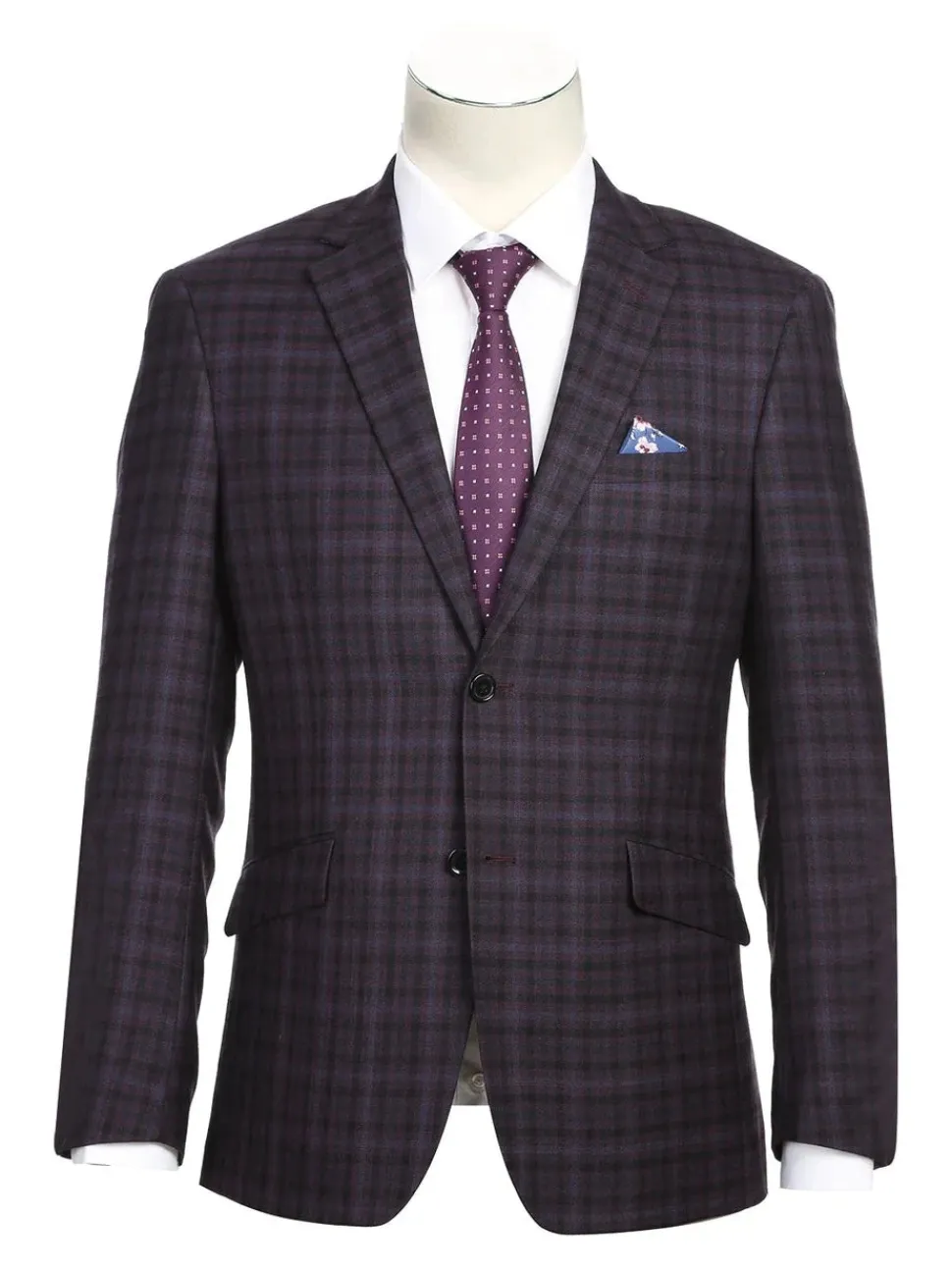 Raphael Men's Mulberry Purple Plaid Wool Blend Slim Fit Blazer Sportcoat