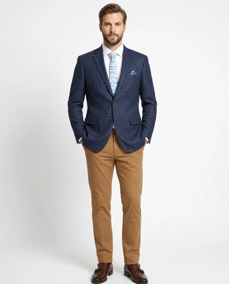 Raphael Men's Navy Blue Plaid 100% Wool Classic Fit Blazer Sportcoat