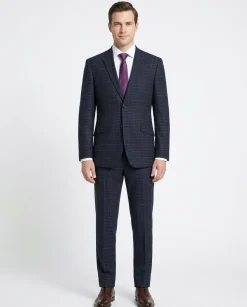 Raphael Mens Navy Grey Check Notch Lapel Slim Fit Stretch Wool Blend Suit