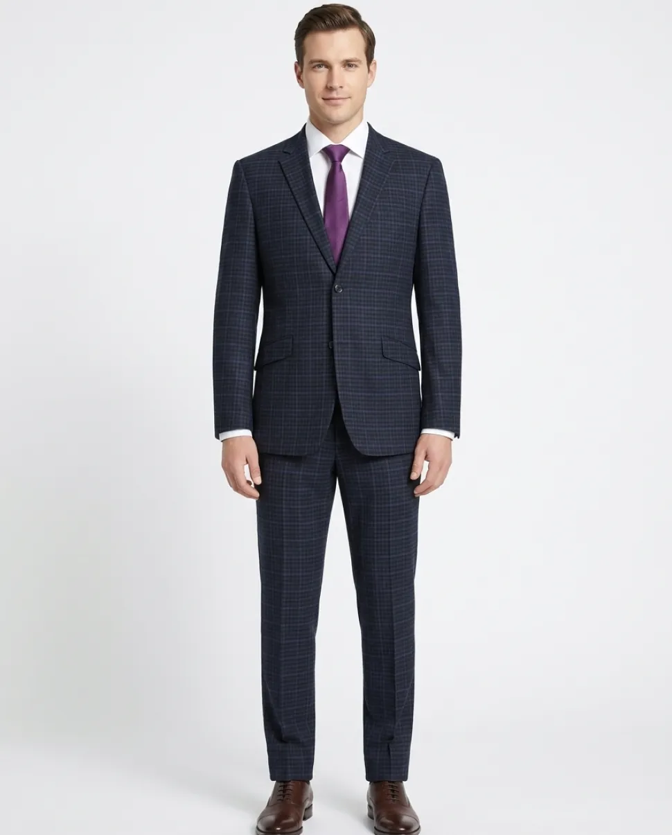 Raphael Mens Navy Grey Check Notch Lapel Slim Fit Stretch Wool Blend Suit