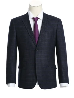 Raphael Mens Navy Grey Check Notch Lapel Slim Fit Stretch Wool Blend Suit