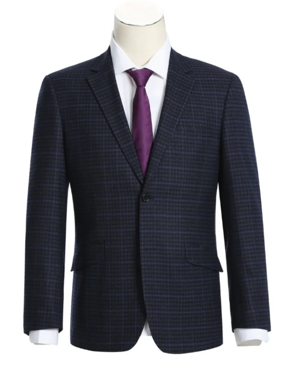 Raphael Mens Navy Grey Check Notch Lapel Slim Fit Stretch Wool Blend Suit