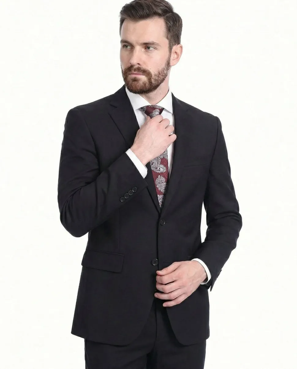 Raphael Men's Regular Classic Fit Solid Black 2 Button Mens Suit
