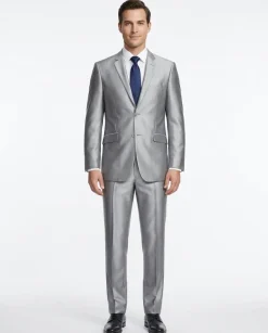 Raphael Men's Silver Sharkskin Slim Fit Notch Lapels Italian Style 2 Button Suit