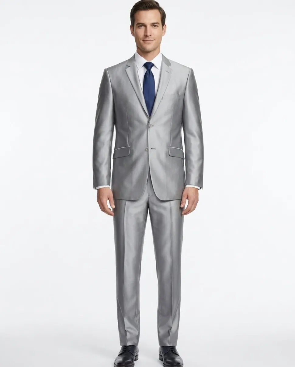 Raphael Men's Silver Sharkskin Slim Fit Notch Lapels Italian Style 2 Button Suit
