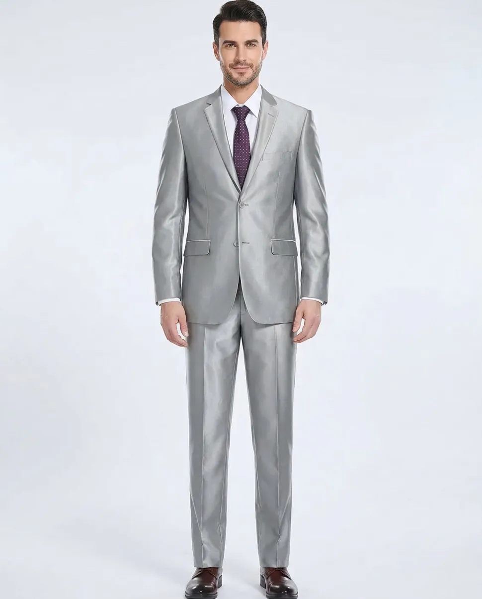 Raphael Mens Silver Sharkskin Classic Fit Notch Lapels Italian Style 2 Button Suit