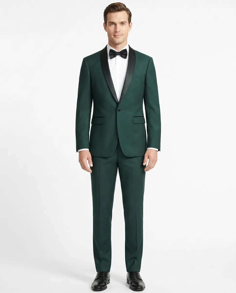 Raphael Mens Solid Green Slim Fit Satin Shawl Lapel Tuxedo Suit