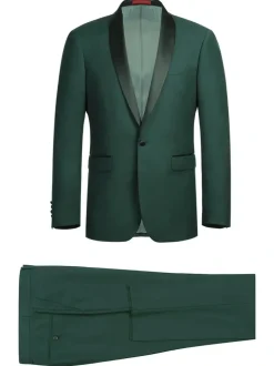 Raphael Mens Solid Green Slim Fit Satin Shawl Lapel Tuxedo Suit