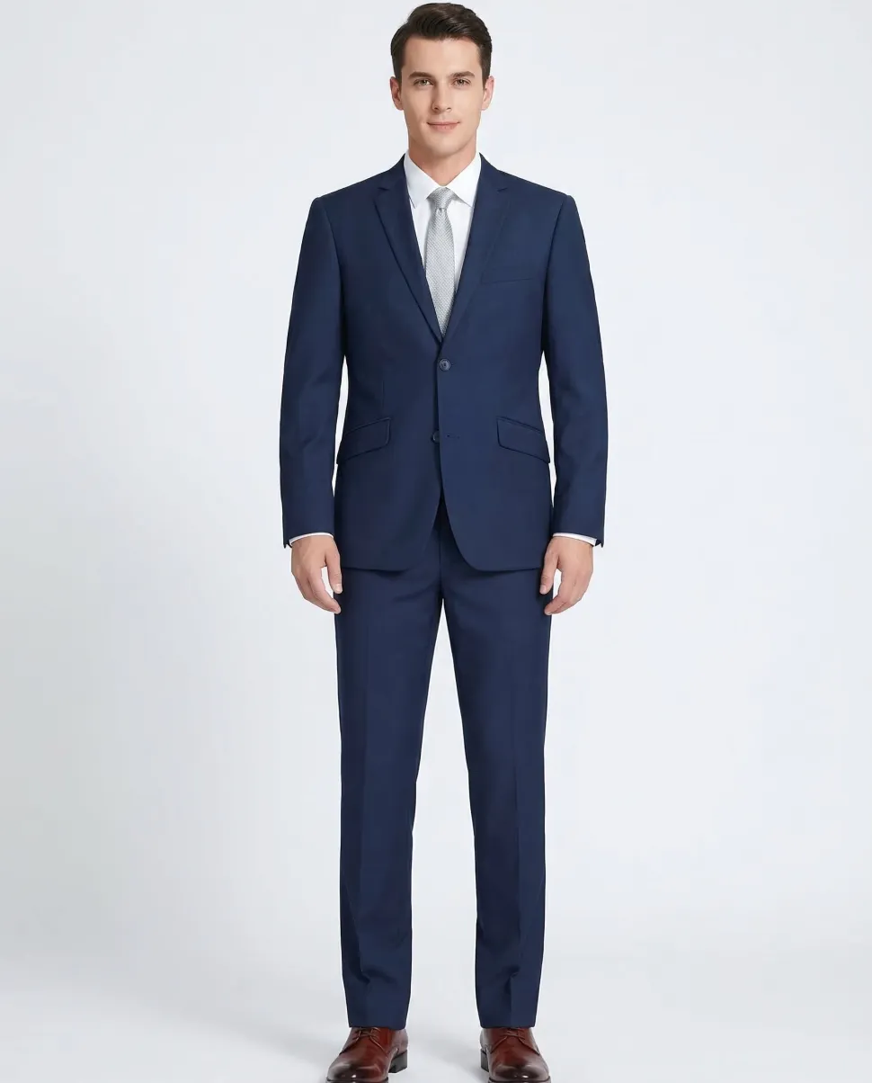 Raphael Men’s Solid Navy Blue Slim Fit Notch Lapel Two Button Suit