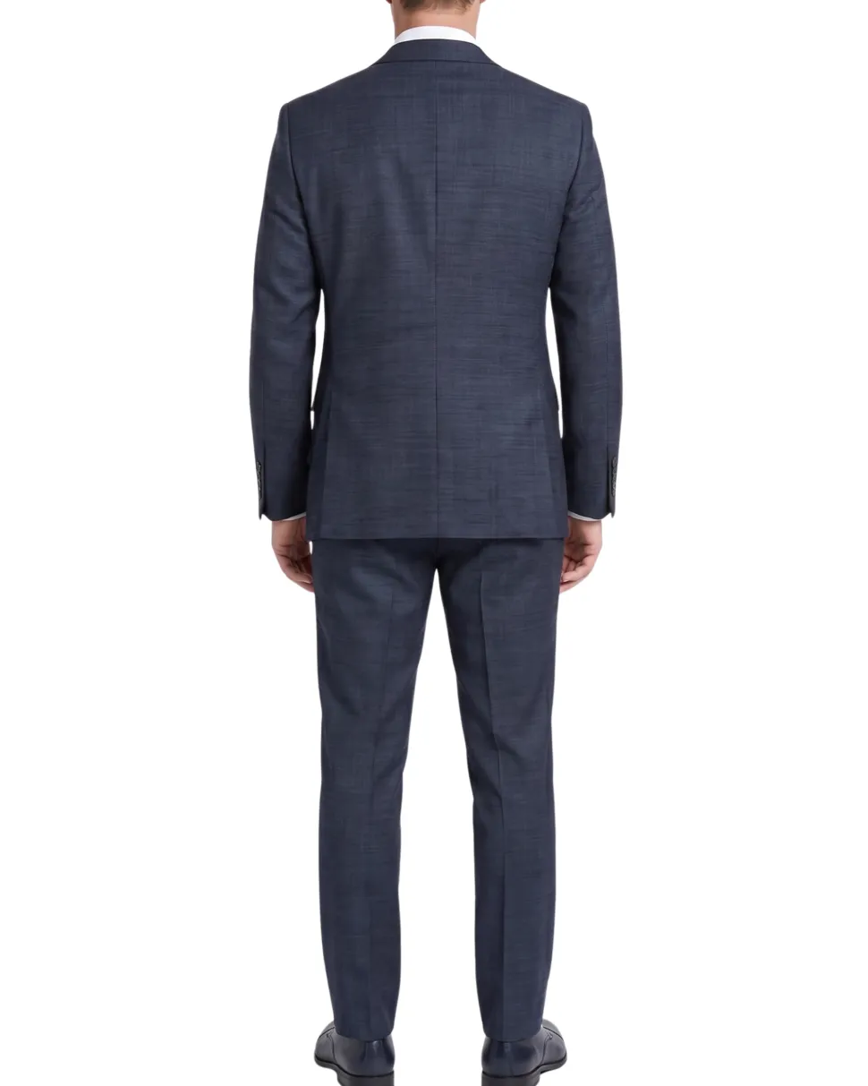 Raphael Mens Textured Blue Slim Fit Notch Lapel 2-Button Wool Suit