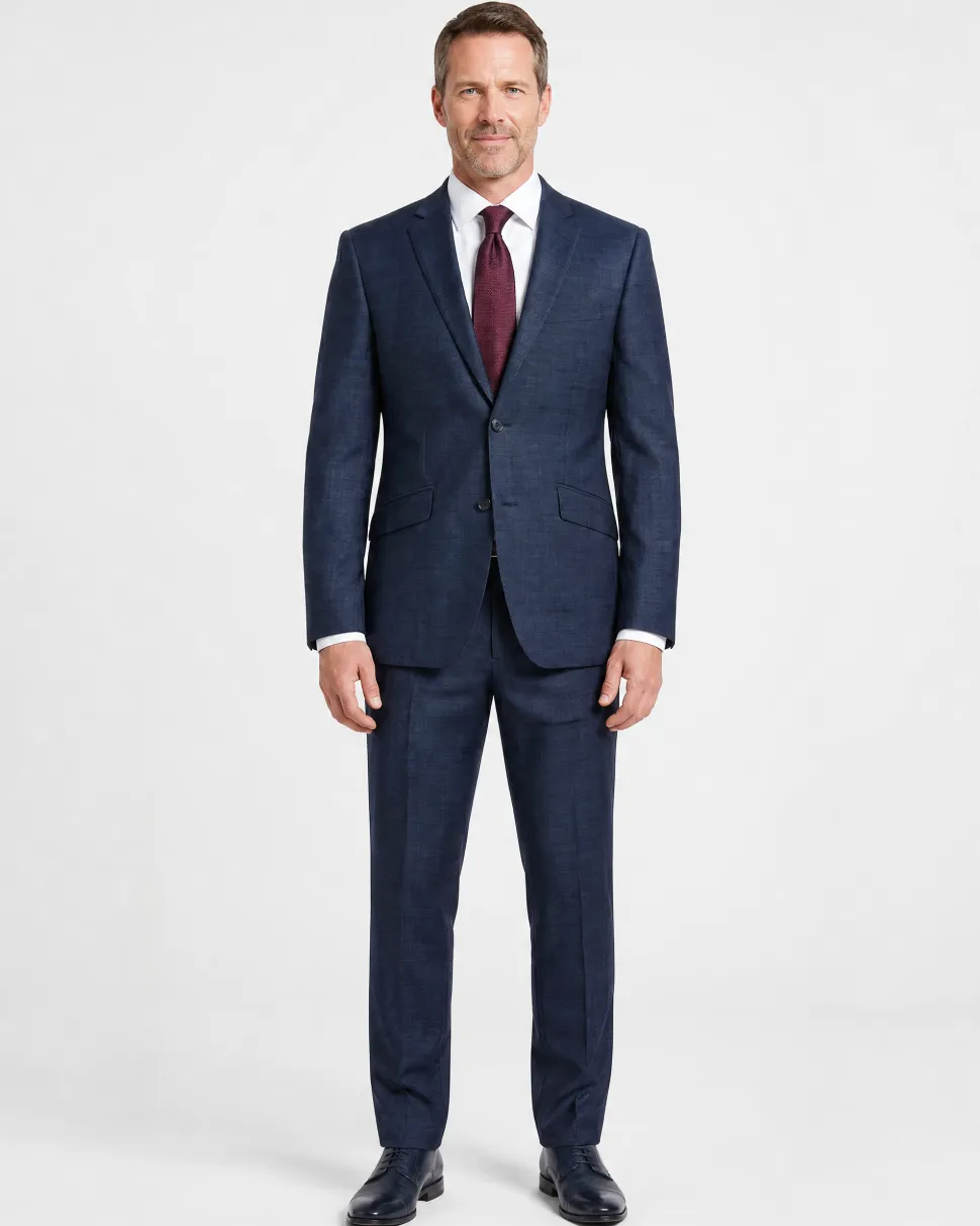 Raphael Mens Textured Blue Slim Fit Notch Lapel 2-Button Wool Suit