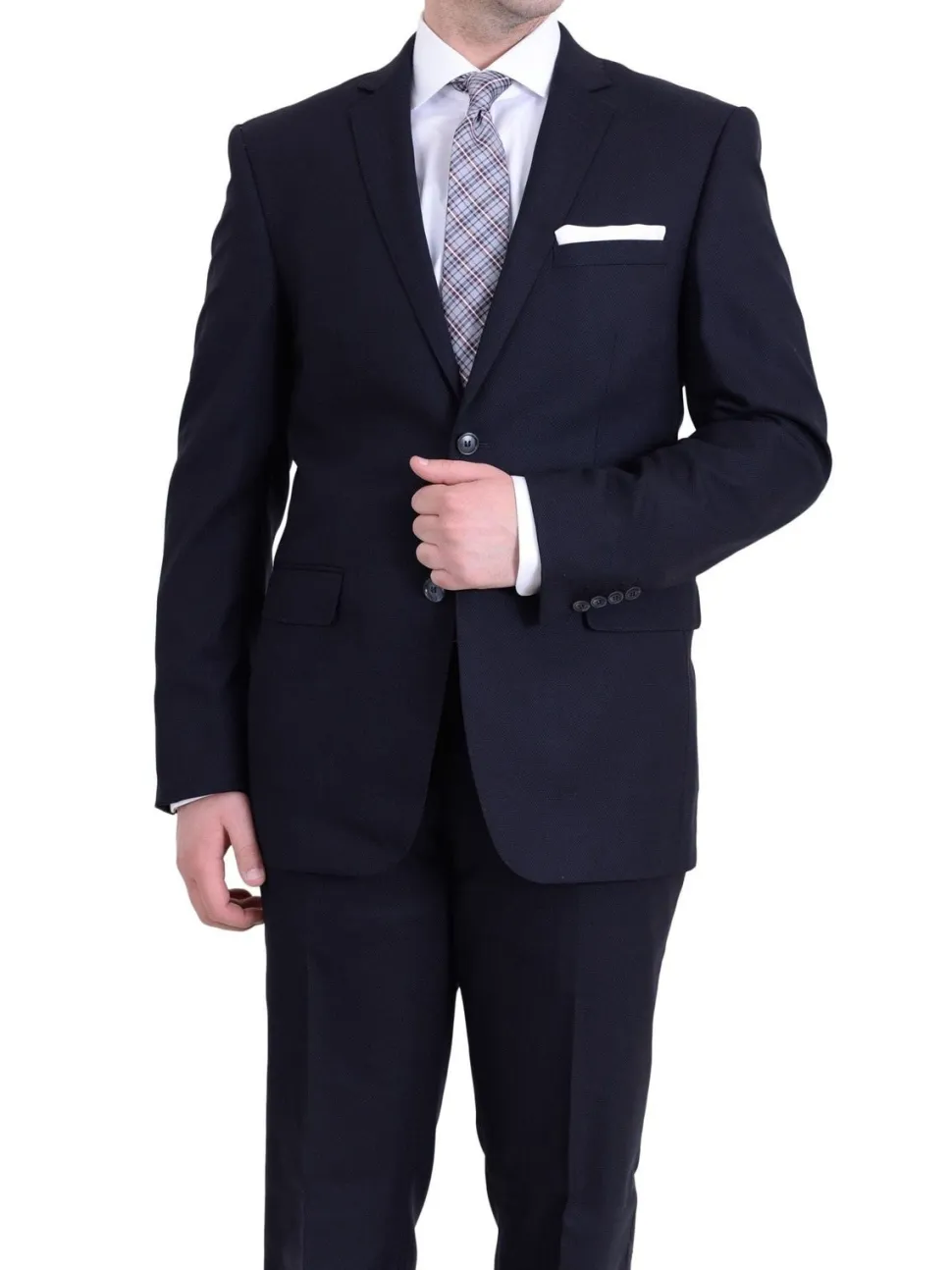 Raphael Slim Fit Navy Blue Textured Two Button Suit