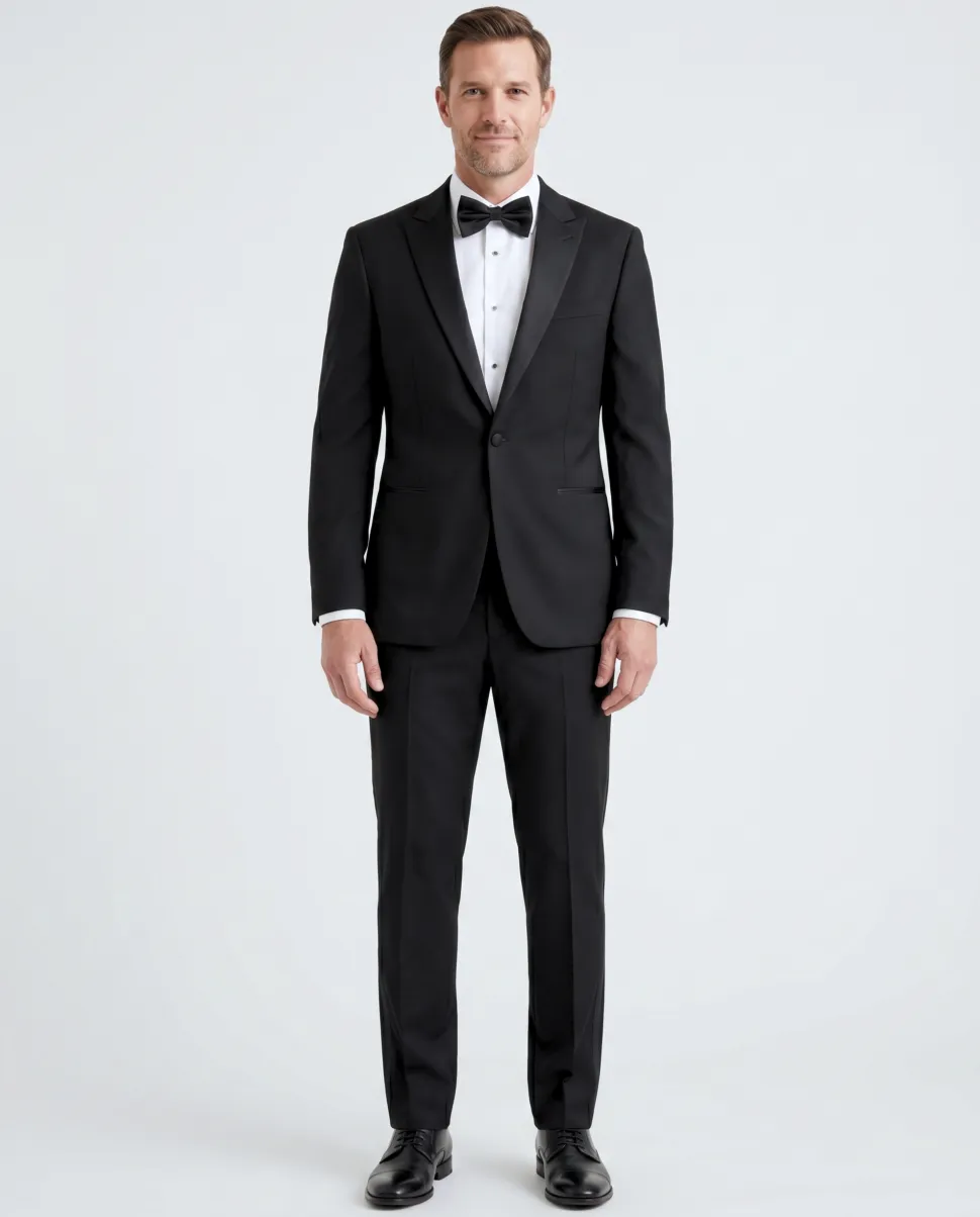 Raphael Slim Fit Solid Black Tuxedo Suit With Satin Stripe On Pant