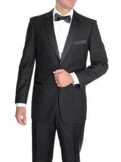Raphael Slim Fit Solid Black Tuxedo Suit With Satin Stripe On Pant