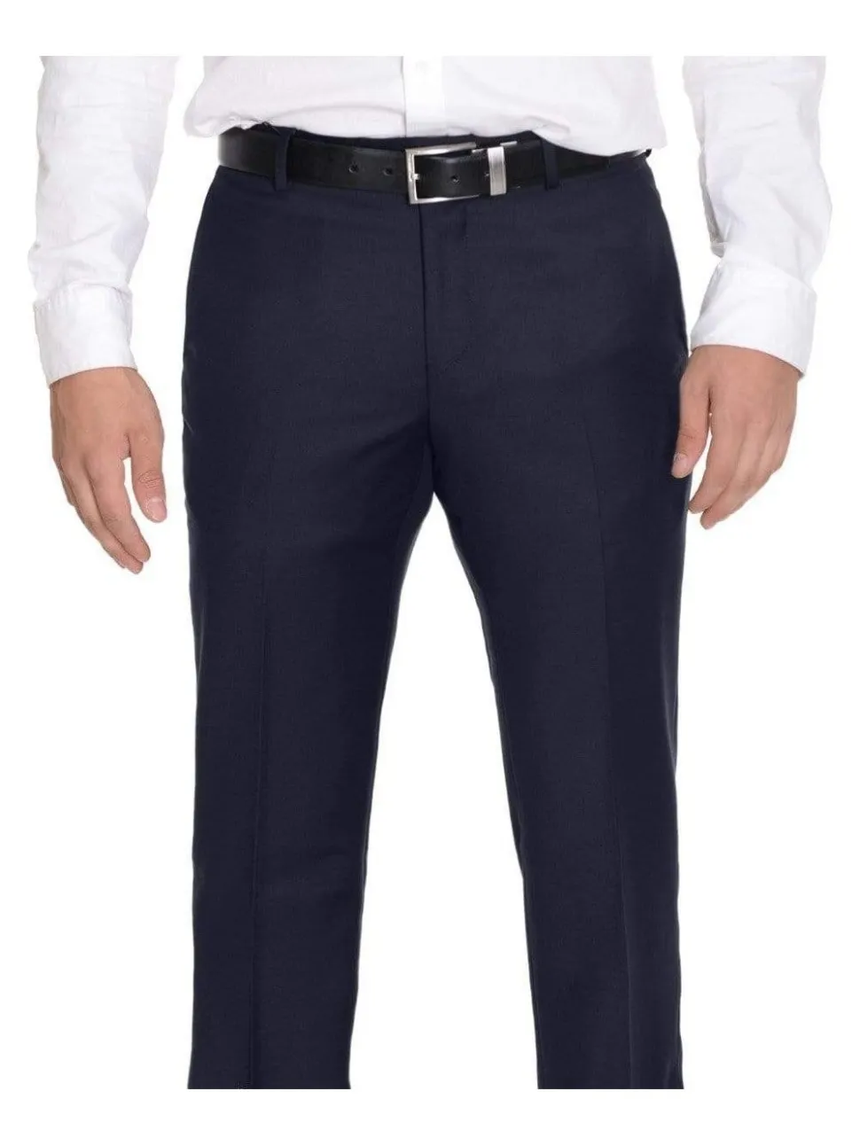 Raphael Slim Fit Solid Navy Blue Flat Front Washable Dress Pants Pre-hemmed