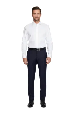 Raphael Slim Fit Solid Navy Blue Flat Front Washable Dress Pants Pre-hemmed