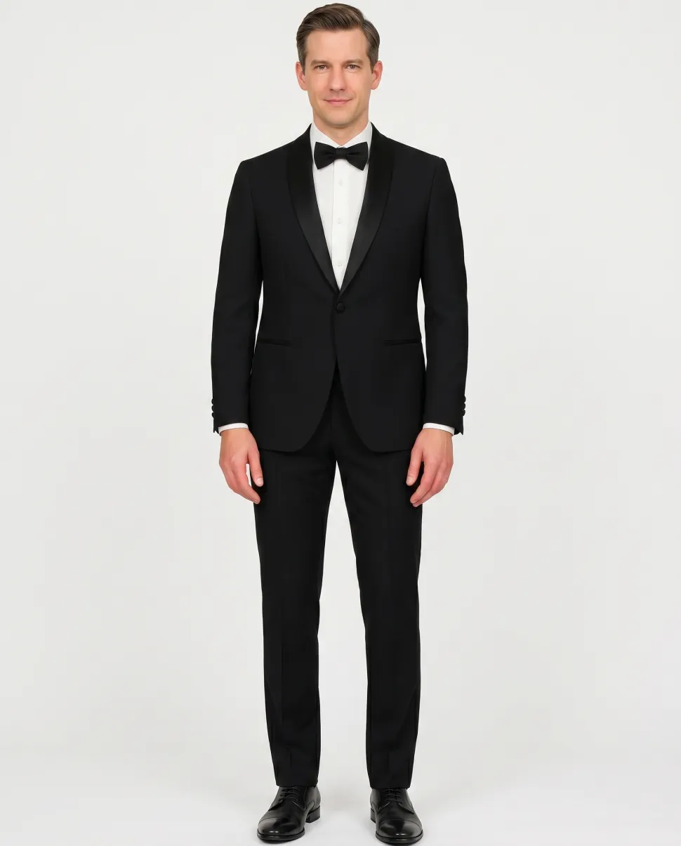 Raphael Solid Black Classic Fit With Black Satin Shawl Lapels Tuxedo Suit