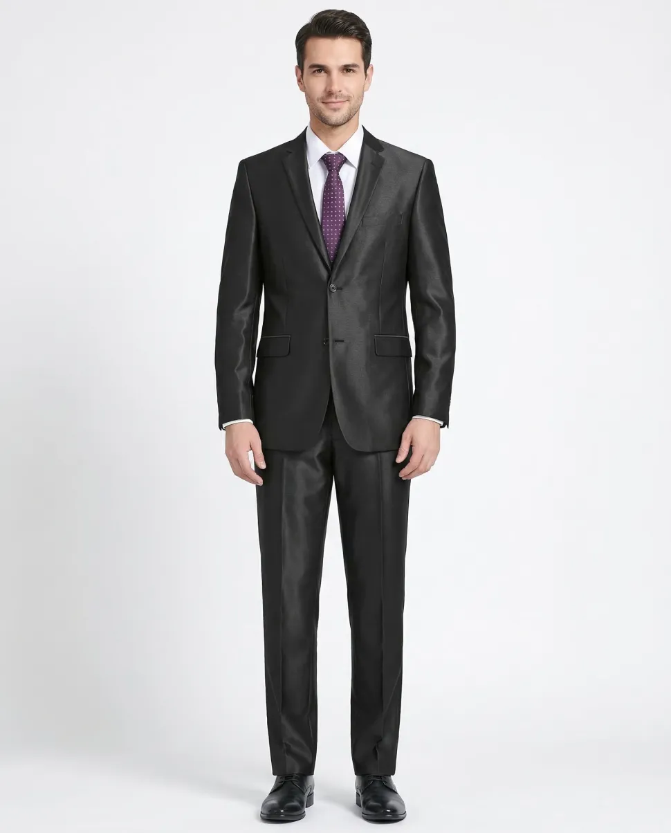 Raphael Solid Black Classic Fit Sharkskin Two Button Notch Lapel Suit
