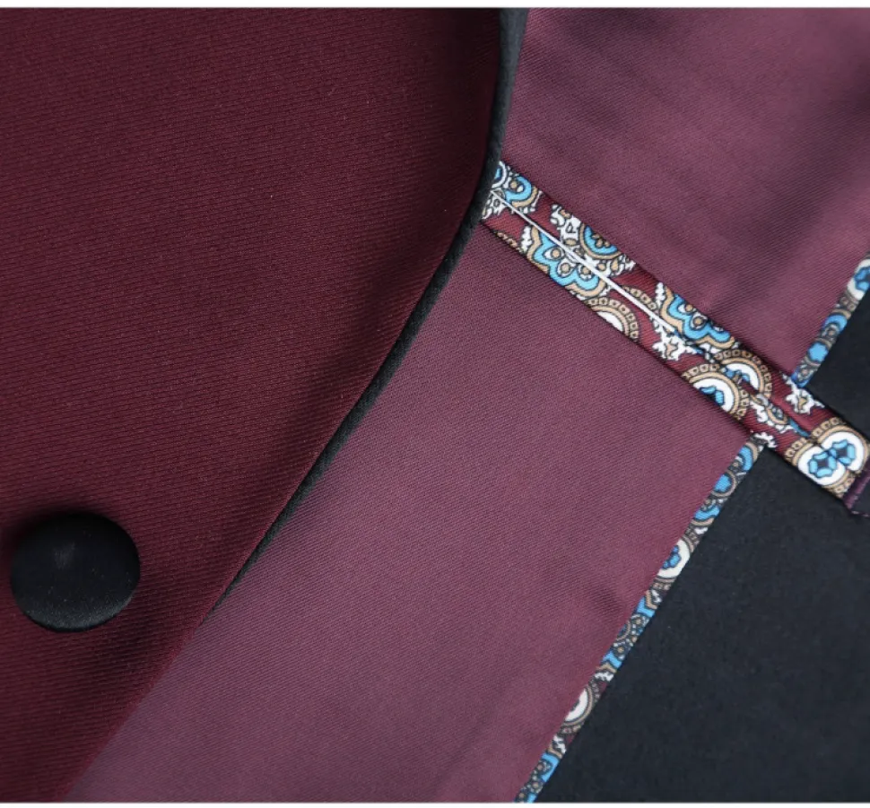 Raphael Solid Burgundy Slim Fit With Black Satin Shawl Lapels Tuxedo Suit