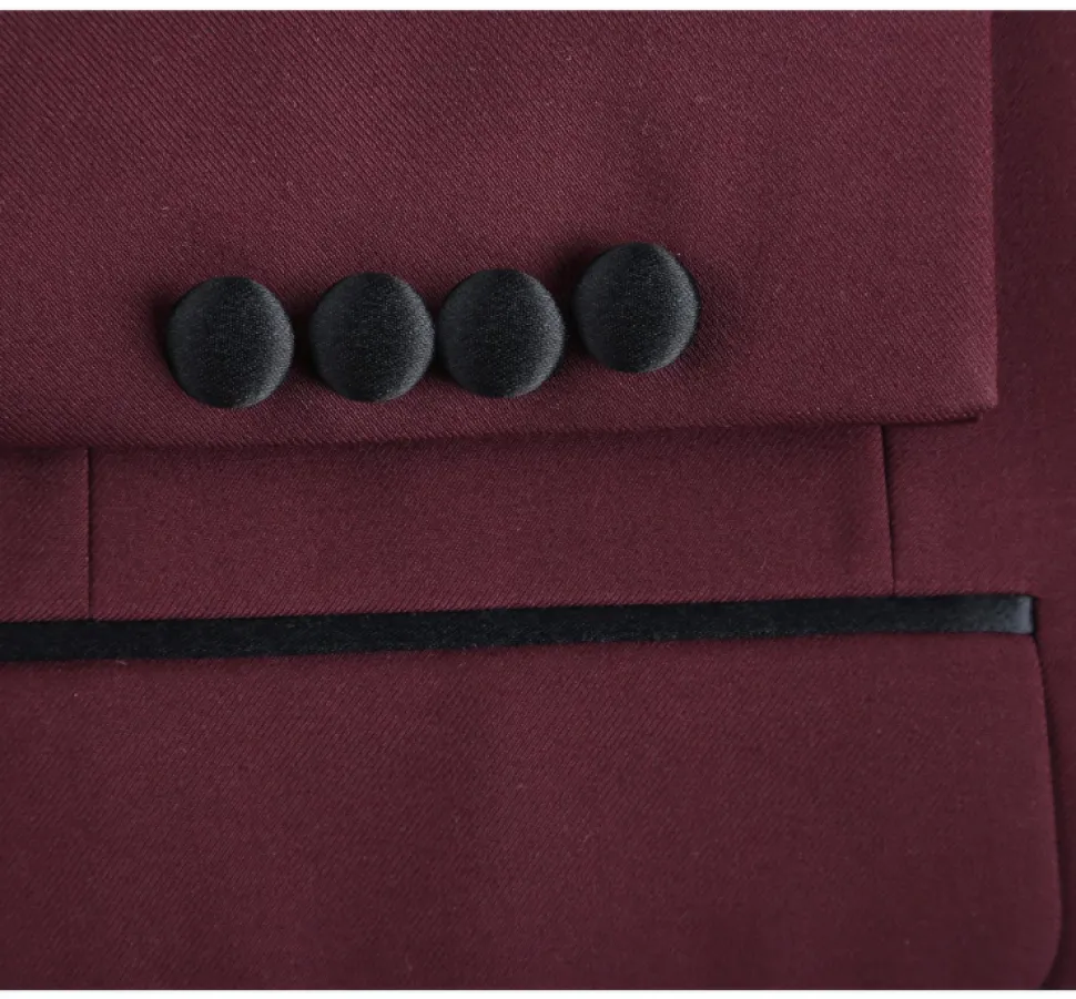 Raphael Solid Burgundy Slim Fit With Black Satin Shawl Lapels Tuxedo Suit