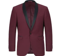 Raphael Solid Burgundy Slim Fit With Black Satin Shawl Lapels Tuxedo Suit